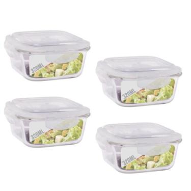 Imagem de Kit 4 Pote 320ml Vidro Forno Microondas Quadrado Hermetico - QUALITY H