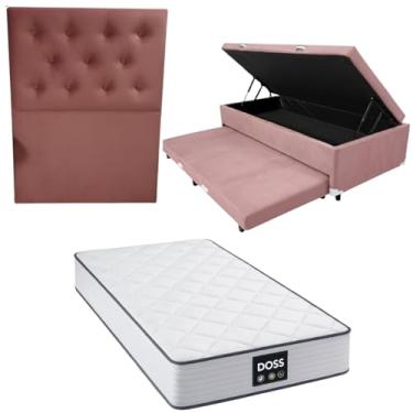 Imagem de Cama Box Baú Solteiro com Auxiliar (Bicama) + Colchão Doss Molas Ensacadas 30cm | Kit Completo com Cabeceira Botonê Opcional | Diversas Cores (3, SUEDE ROSA, COM CABECEIRA)