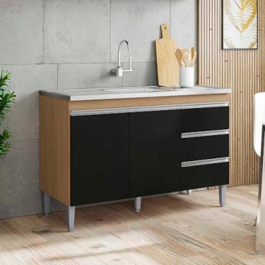 Imagem de Balcão Gabinete de Pia Andréia 120cm Amêndoa/Preto S/Tampo 2 Portas 3 Gavetas