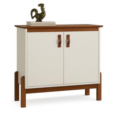 Imagem de Aparador Bancada Hall de Entrada Sala Decoração Buffet Balcão Jantar Armário Cozinha Cantinho do Café 2 Portas com Puxador em Couro Pés Madeira Maciça Retrô Sonetto (Offwhite/Freijó)