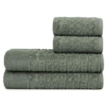 Imagem de Toalha de Banho Gigante, Jogo/Kit 4 Toalhas (2 Banho + 2 Rosto) Macia Algodão Luxo Barra Aveludada Alta Absorção(Verde Musgo)