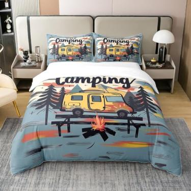 Imagem de Feelyou Conjunto de capa de edredom 100% algodão, tamanho solteiro, para crianças, Happy Camping, listras, para meninos, meninas, adolescentes, trailer, acampamento, roupa de cama, respirável,