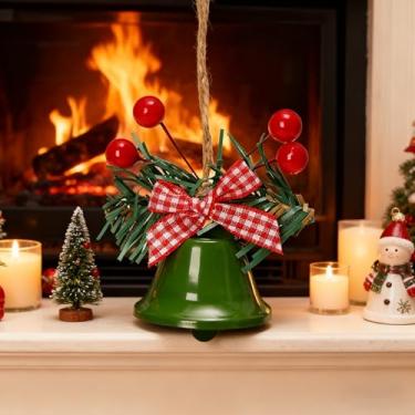 Imagem de Enfeite de sino de Natal com frutas vermelhas e laço xadrez – Decoração de sino de trompete de metal pendurado para árvore de Natal, porta, casa, escritório, decoração de festa de férias (4,5 × 6,6 cm