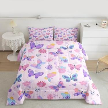 Imagem de Feelyou Jogo de cama solteiro com estampa de borboletas, para crianças, meninos, meninas, floral, arco-íris, decoração de quarto, microfibra, 2 peças com 1 fronha