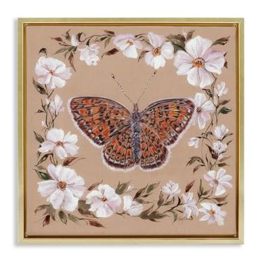 Imagem de Stupell Industries Arte de parede em tela flutuante marrom vintage borboleta com borda de flor, design por Cady Driver, 63 x 63 cm