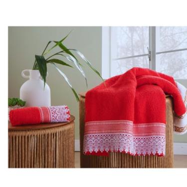 Imagem de Jogo 2 Peças Toalha Banho e Rosto Ouro Gigante com Renda Guipir 100% Algodão Premium – Maciez e Elegância (Vermelho)