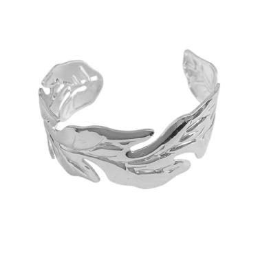 Imagem de OIDIMS Pulseira feminina de folha grossa, vintage, moderna, estilo metal, folhas irregulares, cintura larga, pulseira, minimalista, moderna, festa de casamento, bijuteria punk, Adjustable, Metal, Sem