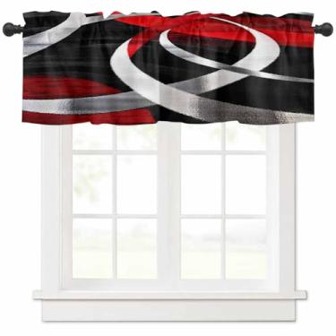 Imagem de Cortinas de janela, saia curta com bolso geométrico abstrato para cozinha, quarto, sala de estar, café, 1 painel, preto, vermelho, cinza, branco, 106,7 x 30,5 cm