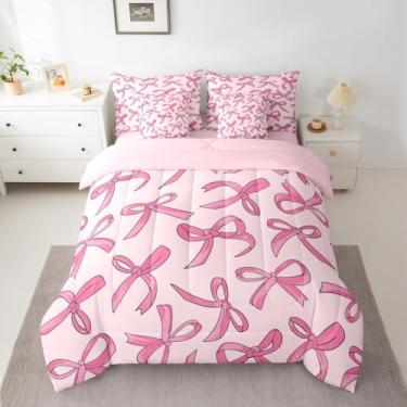 Imagem de jejeloiu Conjunto de edredom kawaii com laço fofo de 7 peças, para crianças, adolescentes, rosa, decoração de quarto, microfibra leve e macia