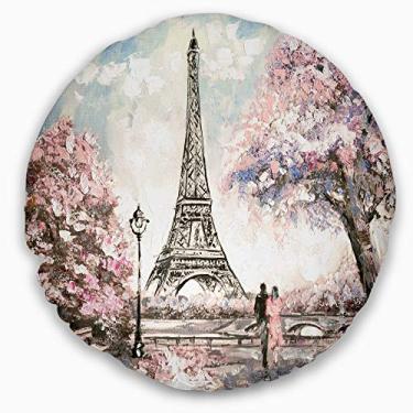 Imagem de Designart Eiffel com paisagem de flores rosa sala de estar, sofá, almofada + capa de almofada impressa em ambos os lados 50 cm