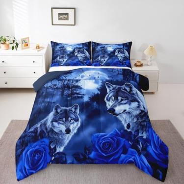 Imagem de Erosebridal Conjunto de edredom Queen com flor de rosa, lobo tribal, animais selvagens, céu estrelado e lua, para adolescentes, adultos, homens, mulheres, decoração de quarto, azul