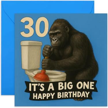 Imagem de Cartões masculinos divertidos de aniversário de 30 anos, design It's a Big One Gorilla on WC, para irmão sobrinho afilhado filho - quadrado, em branco por dentro com envelope premium
