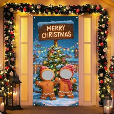 Imagem de HOMETITUTE Faixa de fundo de porta de foto de pão de gengibre de Natal suprimentos de 89 x 180 cm decoração de festa de Natal faixa de fotografia interna para ambientes externos