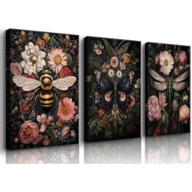 Imagem de 3 peças de arte de parede floral libélula e abelha gótica escura inseto e planta, decoração de parede, pôsteres escuros clássicos, estampas em tela, quadro para banheiro, quarto, tela de 30,5 x 40,64