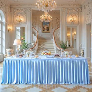 Imagem de Toalhas de mesa retangulares de cetim azul, 2,5 m, com glitter, elastano, elástico, sem rugas, saia de mesa brilhante para casamentos, festas de chá de bebê, banquetes, eventos de fornecedores