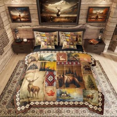 Imagem de Erosebridal Jogo de cama king size para caça e pesca, 7 peças, conjunto de edredom rústico de urso, veado, alce, alce, com lençóis, cama xadrez de búfalo tribal marrom em uma bolsa, conjunto de cama