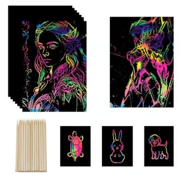 Imagem de wiwbbitl Scratch Art para crianças – 100 folhas de papel arco-íris (12,7 x 18,5 cm) com 26 canetas Stylus de bambu – Materiais para artes e artesanato sem bagunça para sala de aula, festa, viagem