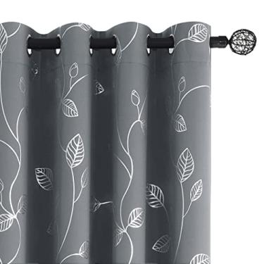 Imagem de BUHUA Cortinas blackout cinza 84 polegadas de comprimento, cortinas escurecidas para painéis de cortina de janela de quarto com padrão de folha (132 x 213 cm, cinza claro, 2 painéis)
