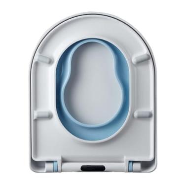 Imagem de Assento sanitário de fechamento suave com liberação rápida, assento pequeno embutido, resina resistente, tampa de vaso sanitário oval com dobradiças ajustáveis para facilitar a limpeza (azul) (azul