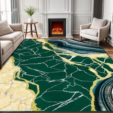 Imagem de ASPMIZ Tapete de mármore lavável 12 x 18 cm para quarto, tapetes macios de lã sintética verde e dourado para sala de estar, antiderrapante, moderno, tapete de baixo perfil, grande para sala de jantar