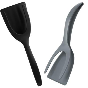 Imagem de LifCratms 2 peças 2 em 1 pinças de espátula, espátula multiuso com revestimento antiaderente para panqueca, quesadillas, omeletes, sanduíches, bifes, cozinhar (preto e cinza)
