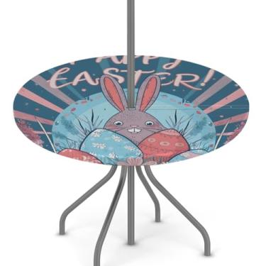 Imagem de hongjinglin Toalha de mesa de Páscoa para uso ao ar livre com orifício para guarda-chuva, toalha de mesa redonda elástica com zíper, impermeável, limpável, para piquenique, festa, pátio, serve para