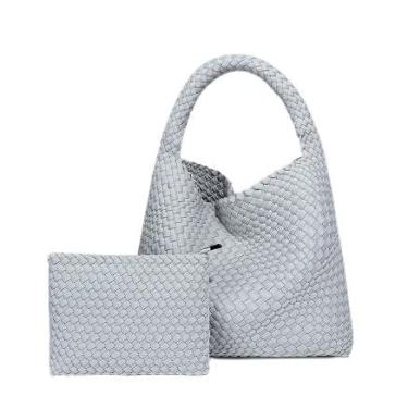 Imagem de Bolsa feminina de tecido – Bolsa de ombro grande de couro vegano premium, perfeita para trabalho, viagens e uso diário, Tecido nº 5 - cinza, Large, Bolsa de couro trançado