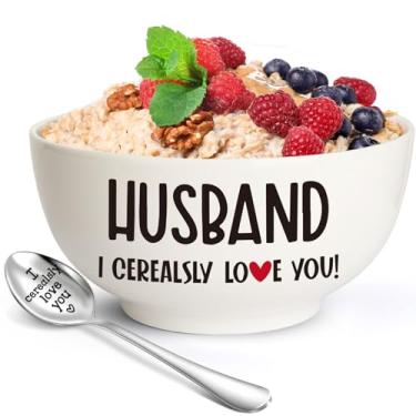 Imagem de Presentes de marido da esposa, presentes de dia dos namorados para ele, marido, conjunto de tigela e colher de cerâmica para cereal, ramen, sopa, sorvete, salada, frutas - perfeito para aniversário