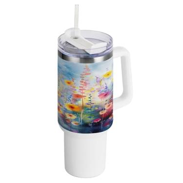 Imagem de xigua Copo vintage de flores silvestres de 1,134 g com alça e canudo, aço inoxidável duplo isolado a vácuo garrafa de água suporte de copo de garrafa de água amigável à prova de vazamento copo de