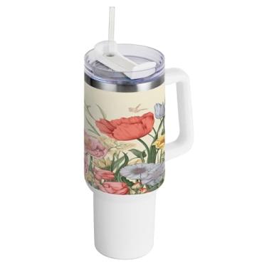 Imagem de xigua Copo vintage de flores silvestres de 1,134 g com alça e canudo, aço inoxidável duplo isolado a vácuo garrafa de água suporte de copo de garrafa de água amigável à prova de vazamento copo de