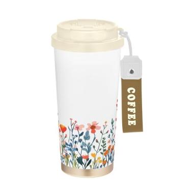 Imagem de SEHANY Caneca de viagem colorida de ervas silvestres de 500 ml Copos de café reutilizáveis revestidos de cerâmica com tampa à prova de vazamento, parede dupla, isolamento a vácuo, copo de café de aço