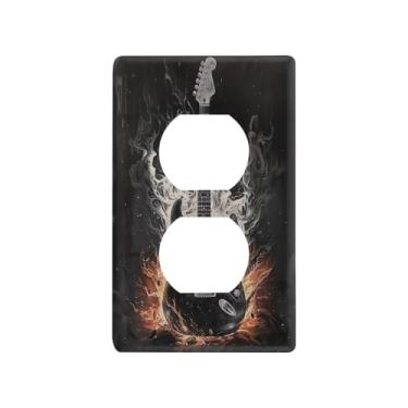 Imagem de Blueangle Placa de parede de tomada dupla para guitarra elétrica preta, tamanho padrão, placas de cobertura de tomada elétrica de 1 gangue para decoração de quarto de escritório em casa, 4,53 x 2,76