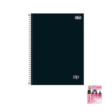 Imagem de Kit Caderno Universitário Tilibra Capa Dura Zip Preto 10 Matérias 160 Folhas + Caneta Esferográfica Spiro 0.7mm 3 Unidades + Marca Texto Boss 4 Cores Pink