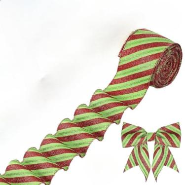 Imagem de Fita de Natal vermelha e verde com lantejoulas 6 cm x 5 metros para árvore de Natal, embrulho de presente, buquê de flores, decorações de guirlanda, fabricação de laço, festa de férias (verde)
