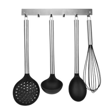 Imagem de Nakagawa Kit Utensílios de Cozinha Elegance, 4 Peças, Silicone com Cabo Inox, Preto, Manual, Moderno, Concha, Escumadeira, Colher, Batedor com Suporte de Parede