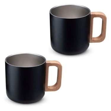 Imagem de Kit Conjunto 2 Canecas Térmicas 400ml Cor Preta com Alça de Bambu – Parede Dupla em Aço Inox, Isolamento Térmico, Design Elegante, Para Bebidas Quentes e Frias