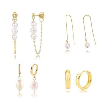 Imagem de Liiusgelad Brincos de gota de pérola dourada para mulheres, conjunto de brincos modernos de 4 peças com argolas penduradas, estilo colar em camadas, joia de cobre hipoalergênica, presente para noivas