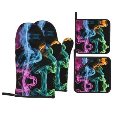 Imagem de Conjunto de luvas de cozinha com estampa de fumaça colorida com suportes de tampa, luvas de forno resistentes ao calor para manusear panelas quentes, grelhar, churrascos, kit de 4 peças.