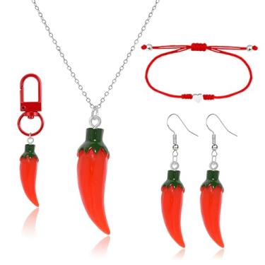 Imagem de QLYOVWE Conjunto de joias de pimenta vermelha para mulheres 4 peças engraçado mexicano Fiesta colar com pingente colorido cinco de maio brincos boho verão praia joias presente, Standard, Metal, Sem