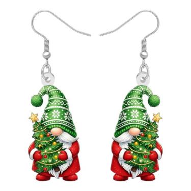 Imagem de BAMAY Brincos de gnomo de acrílico descolados pendurados, brincos verdes de Natal, joias de inverno, gnomos, presentes para mulheres, mãe, acessórios de Natal, Medium, Acrílico, Sem pedra preciosa
