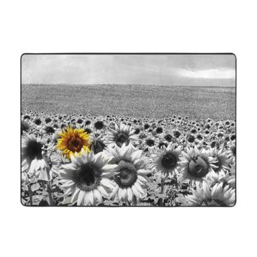 Imagem de Tapete de área de girassóis preto e branco 58 x 80 polegadas (4,84 x 6,67 pés), tapete de área de sala de estar moderno lavável, tapete de área grande de luxo com absorção de água, tapetes macios