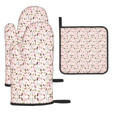 Imagem de Flores – Conjunto de cozinha essencial de 3 peças, luvas seguras para calor e alça de tampa, proteção para churrasco no forno, design de armazenamento suspenso.