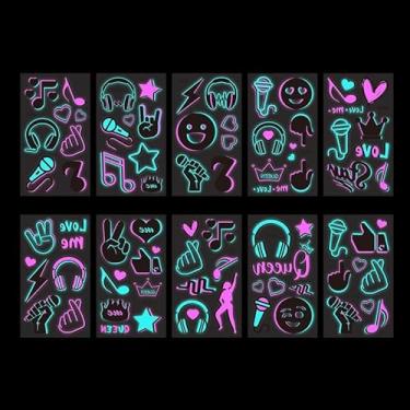 Imagem de 10 folhas adesivos de tatuagem temporária de duas cores que brilham no escuro festival de música à prova d'água com desenhos iluminados para festivais de música