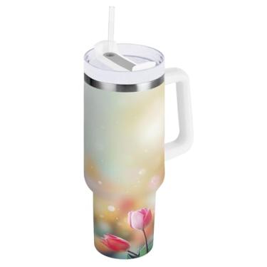 Imagem de Kigai Copo de tulipa de primavera bonito de 1,134 g com tampa e canudo, copo isolado de aço inoxidável durável à prova de vazamento com alça, garrafas de água à prova de derramamento para viagens