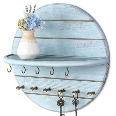 Imagem de Rebee Vision Suporte de parede decorativo de madeira de pinho para decoração de casa de fazenda – Suporte de chave e correio para parede com prateleira e 11 ganchos – Organizador de correspondência