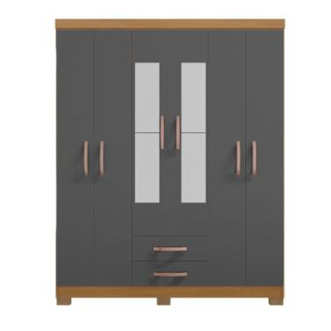 Imagem de Guarda Roupa Casal Vanessa 6 Portas e 2 Gavetas com Espelho Carvalho Americano Grafite EdeCasaMoveis