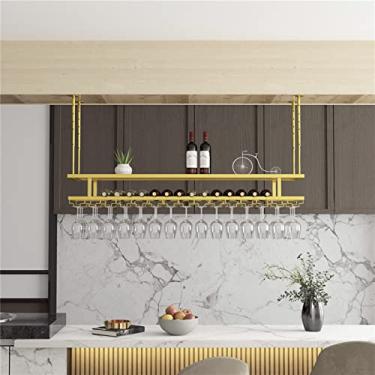 Imagem de APUM Suporte de copo de vinho para pendurar no teto, garrafa de vinho de 3 camadas e prateleira de armazenamento doméstico de plantas com taça de altura ajustável