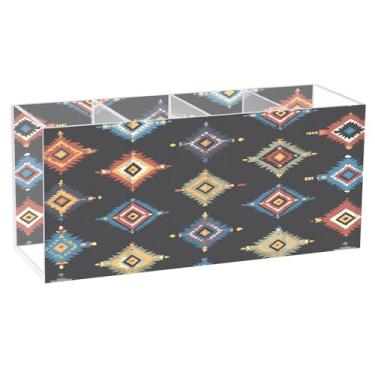 Imagem de CEBUGI Porta-lápis de acrílico transparente com 4 compartimentos, organizador de pincéis de maquiagem com padrões coloridos para armazenamento em mesa de escritório em casa
