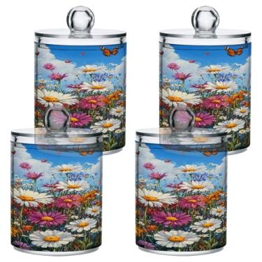 Imagem de STAYTOP 2 peças coloridas lindas flores silvestres dispensador de boticário frascos de boticário para banheiro com etiquetas - recipiente de armazenamento Qtip de plástico transparente acrílico para