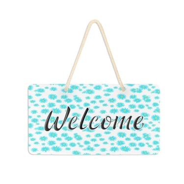 Imagem de Burbuja Placa de boas-vindas de margarida azul para porta da frente, placa de boas-vindas de PVC para decoração de férias, 15 x 28 cm